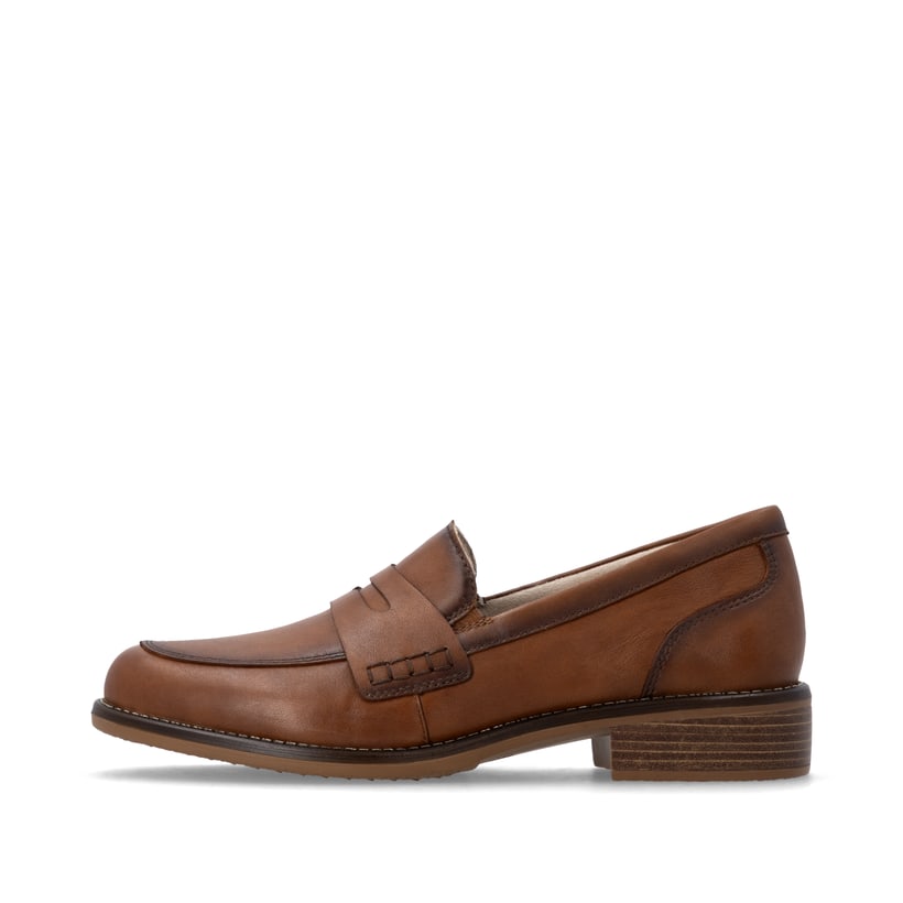 Braune remonte Damen Loafer D0F05-24 mit einem Gummizug. Schuh Außenseite.