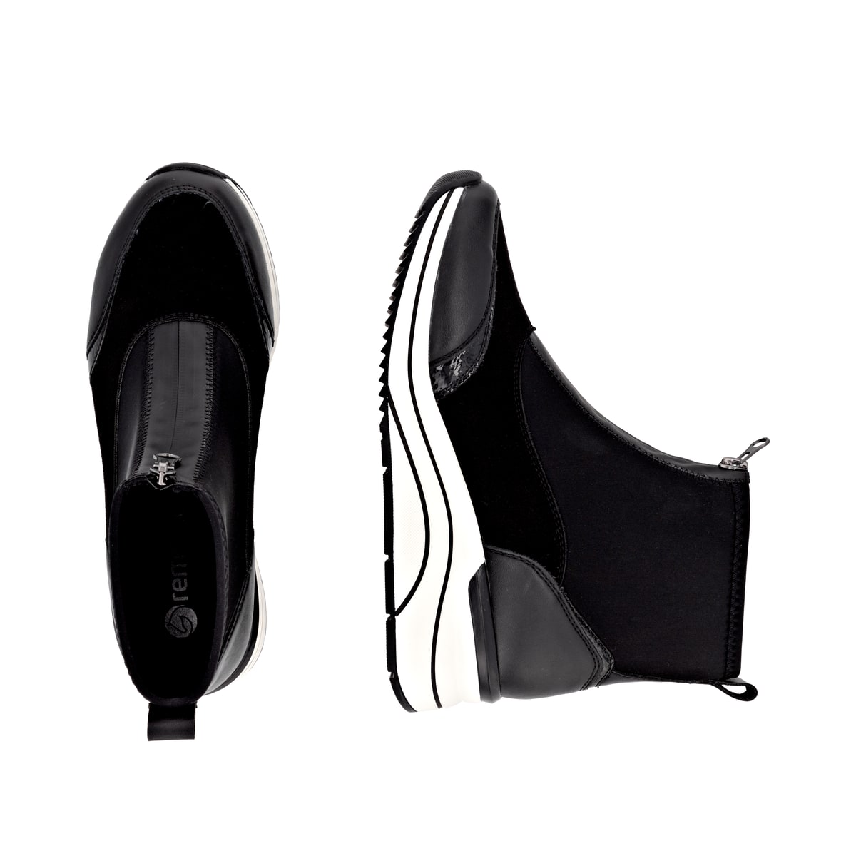 Vegane, schwarze remonte Damen Kurzstiefel D0T78-02 mit einem Reißverschluss. Schuh von oben, liegend.