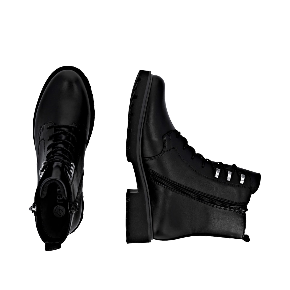 Schwarze remonte Damen Schnürstiefel D8656-00 mit wasserabweisender TEX-Membran. Schuh von oben, liegend.