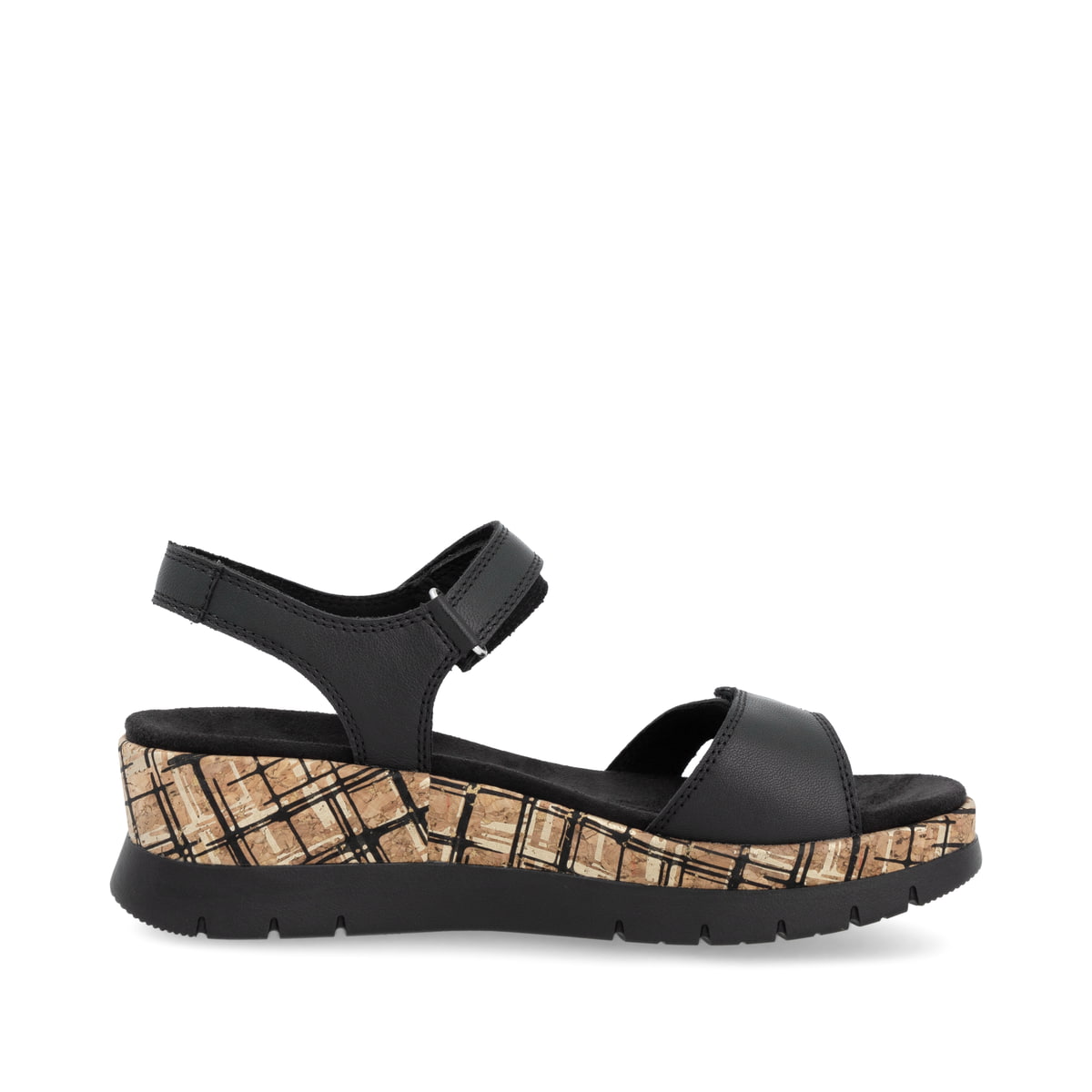 Schwarze remonte Keilsandaletten D2P52-00 mit einem Klettverschluss. Schuh Innenseite.