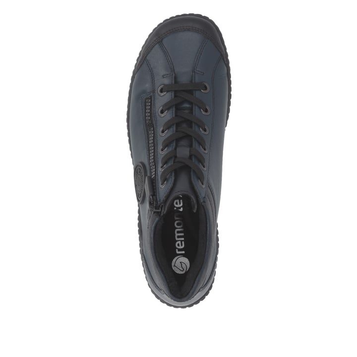 Dunkelblaue remonte Damen Schnürstiefel R1477-15 mit einem Reißverschluss. Schuh von oben.