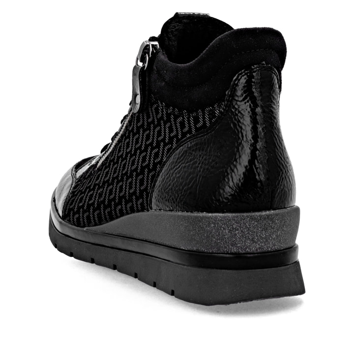 Schwarze remonte Damen Schnürstiefel R0773-05 mit einem Reißverschluss. Schuh von hinten.