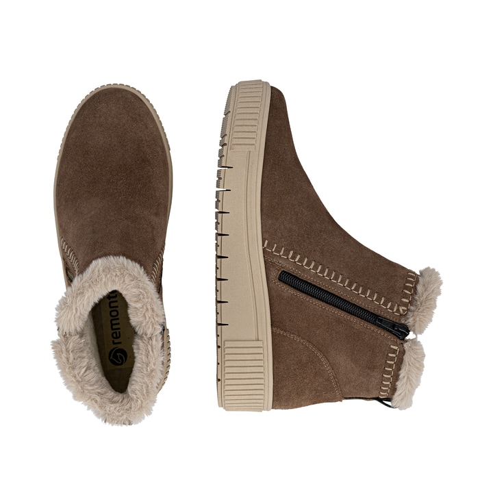 Braunbeige remonte Damen Kurzstiefel D3B70-20 mit weißer Zickzack-Naht. Schuh von oben, liegend.