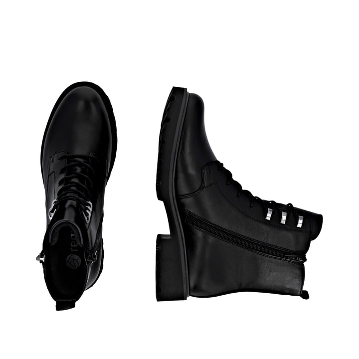 Schwarze remonte Damen Schnürstiefel D8656-00 mit wasserabweisender TEX-Membran. Schuh von oben, liegend.