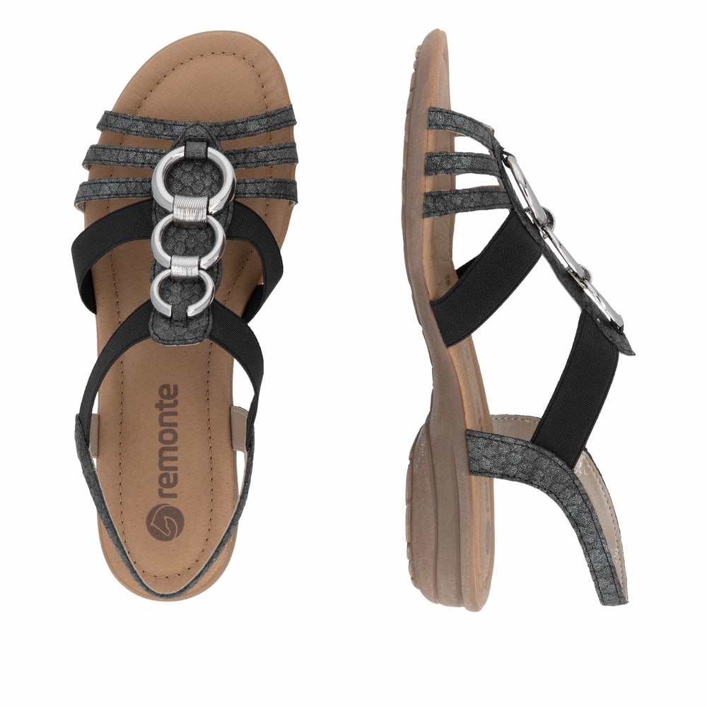 Graue remonte Riemchensandalen R3605-45 mit einem Gummizug sowie griffiger Sohle. Schuh von oben, liegend.