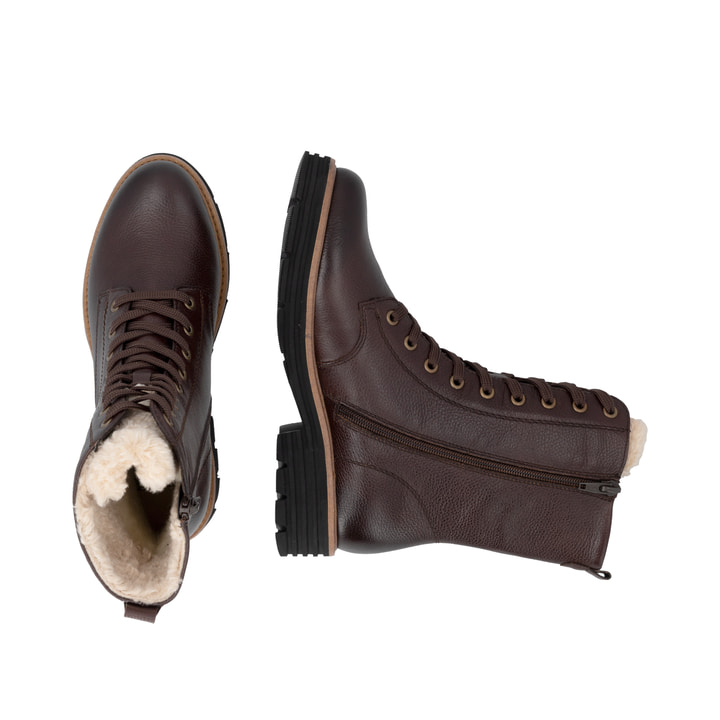 Dunkelbraune remonte Damen Schnürstiefel D3A73-25. Schuh von oben, liegend.