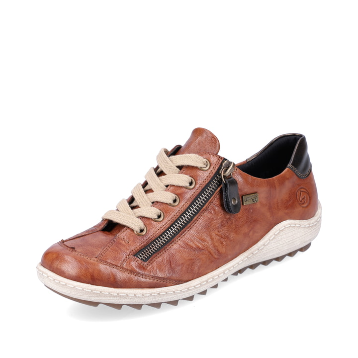Braune remonte Damen Schnürschuhe R1402-22 mit wasserabweisender TEX-Membran. Schuh seitlich schräg.