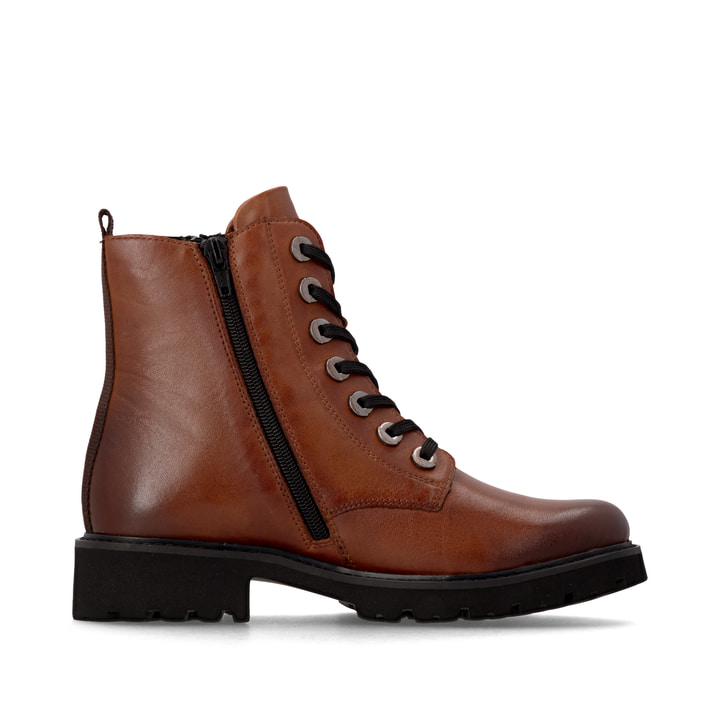 Bottes à lacets remonte marron pour femmes D8671-24 avec fermeture éclair. Côté intérieur de la chaussure.