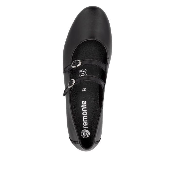 Schwarze remonte Damen Loafer D0K11-00 mit einer Schnalle. Schuh von oben.