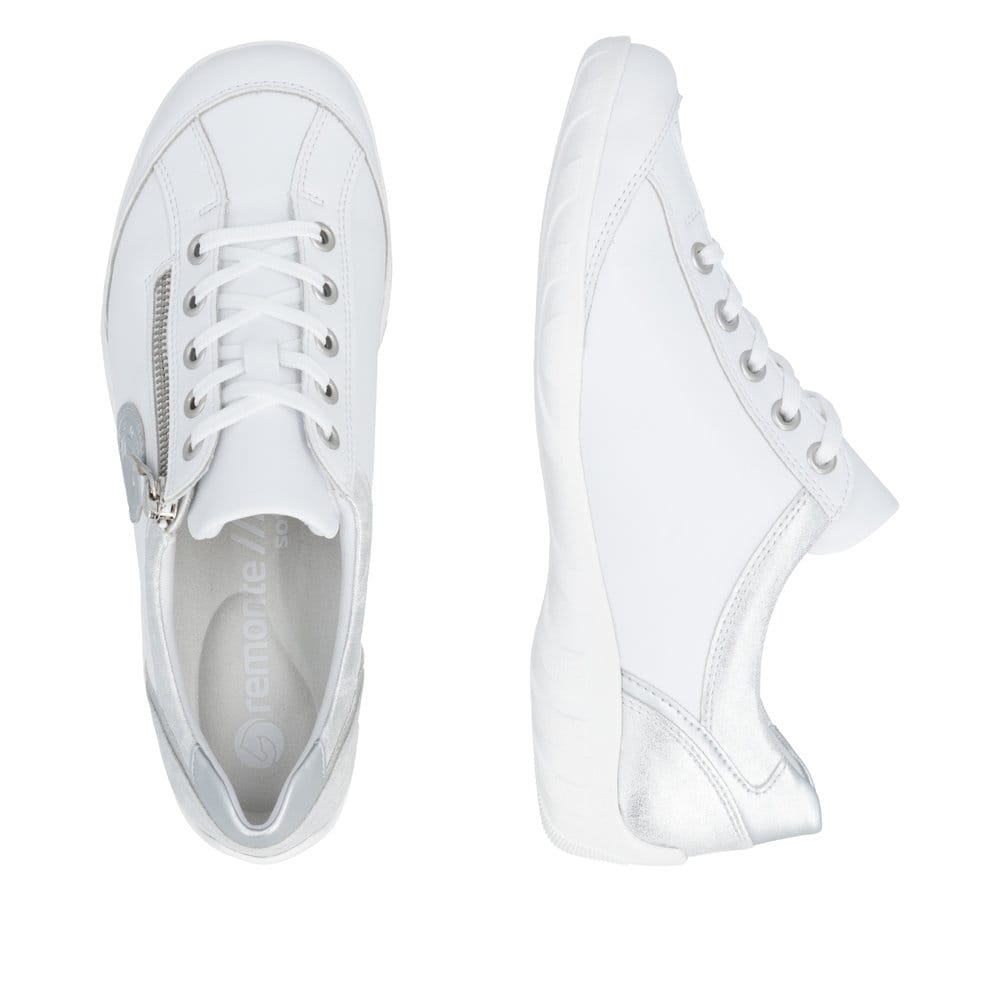 Weißsilberne vegane remonte Damen Schnürschuhe R3408-82 mit einem Reißverschluss. Schuh von oben, liegend.