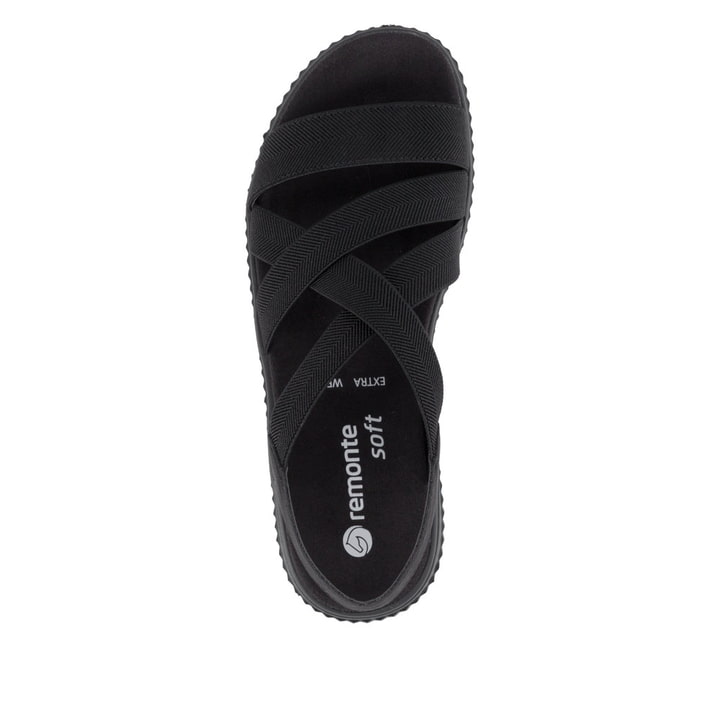Schwarze remonte Riemchensandalen D3L52-00 mit einem Gummizug sowie Extraweite H. Schuh von oben.