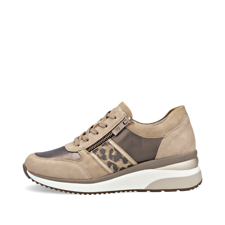 Beigebraune remonte Damen Sneaker D2418-61 mit Leo-Print sowie Reißverschluss. Schuh Außenseite.