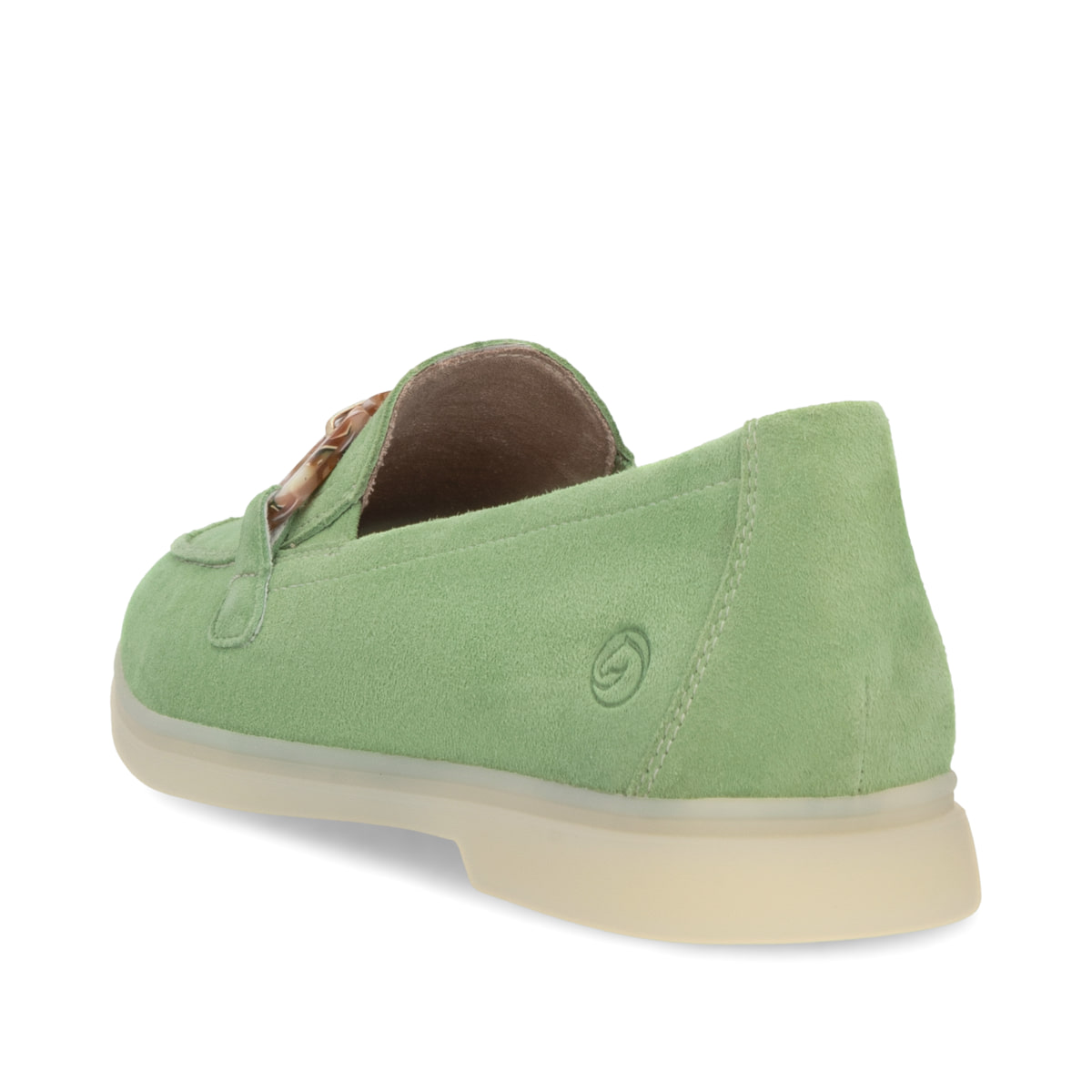 Grüne remonte Damen Loafer D2F00-52 mit Gummizug sowie gepolsterter Einlegesohle. Schuh von hinten.