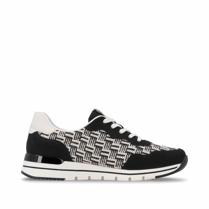 Baskets basses remonte noires vegan pour femme R6717-03 avec lacets. Côté intérieur de la chaussure.