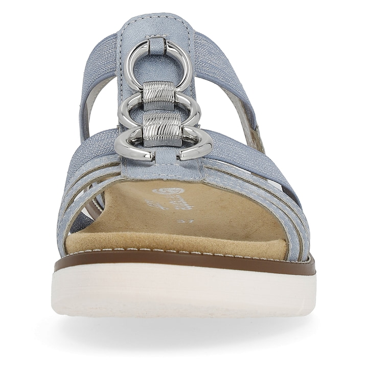 Babyblaue vegane remonte Damen Riemchensandalen D2073-12 mit Elastikeinsatz. Schuh von vorne.