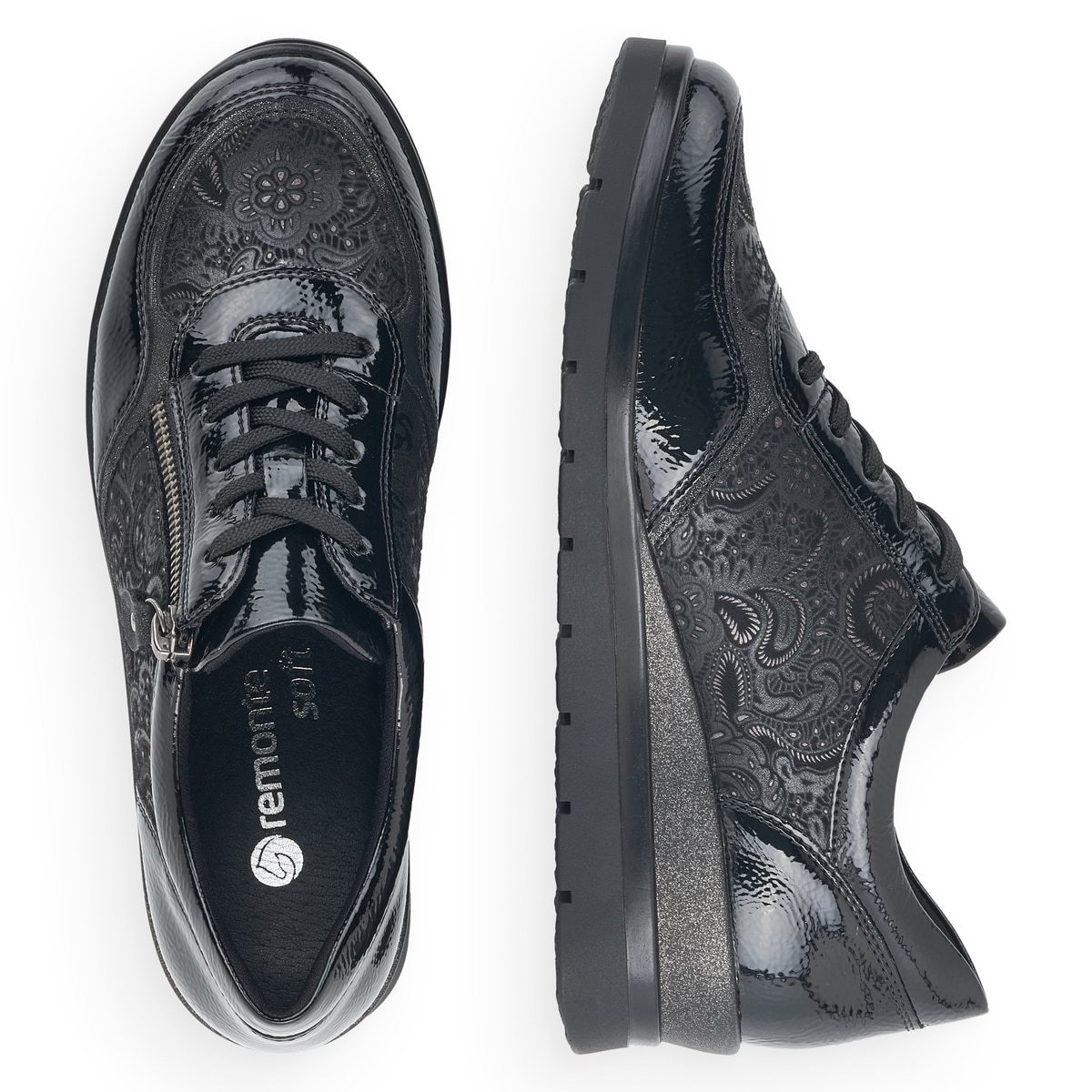 Schwarze remonte Damen Sneaker R0701-03 mit Reißverschluss sowie Komfortweite G. Schuh von oben, liegend.
