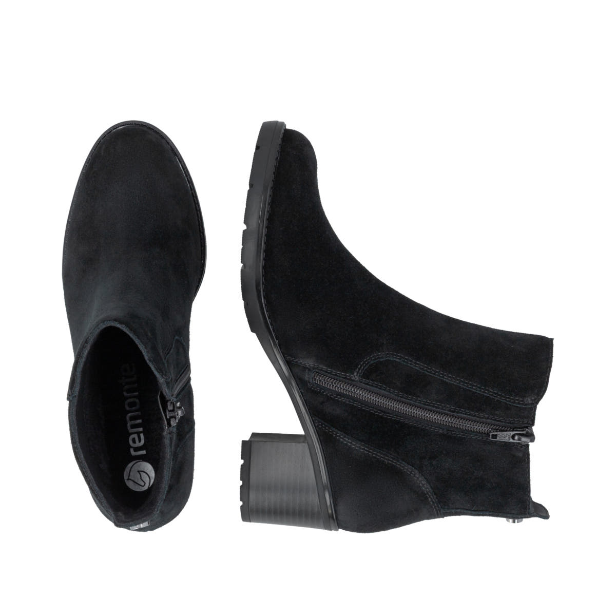 Schwarze remonte Damen Stiefeletten D2A81-02 mit einem Reißverschluss. Schuh von oben, liegend.