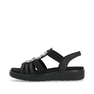 Schwarze vegane remonte Riemchensandalen D2073-02 mit einem Gummizug. Schuh Außenseite.
