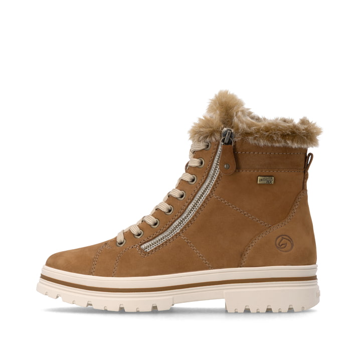 Cognacfarbene remonte Damen Schnürstiefel D2U73-22. Schuh Außenseite.