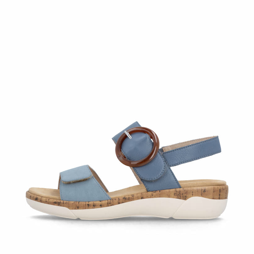 Sandales à lanières remonte bleues femme R6853-15 avec boucle tendance. Côté extérieur de la chaussure.