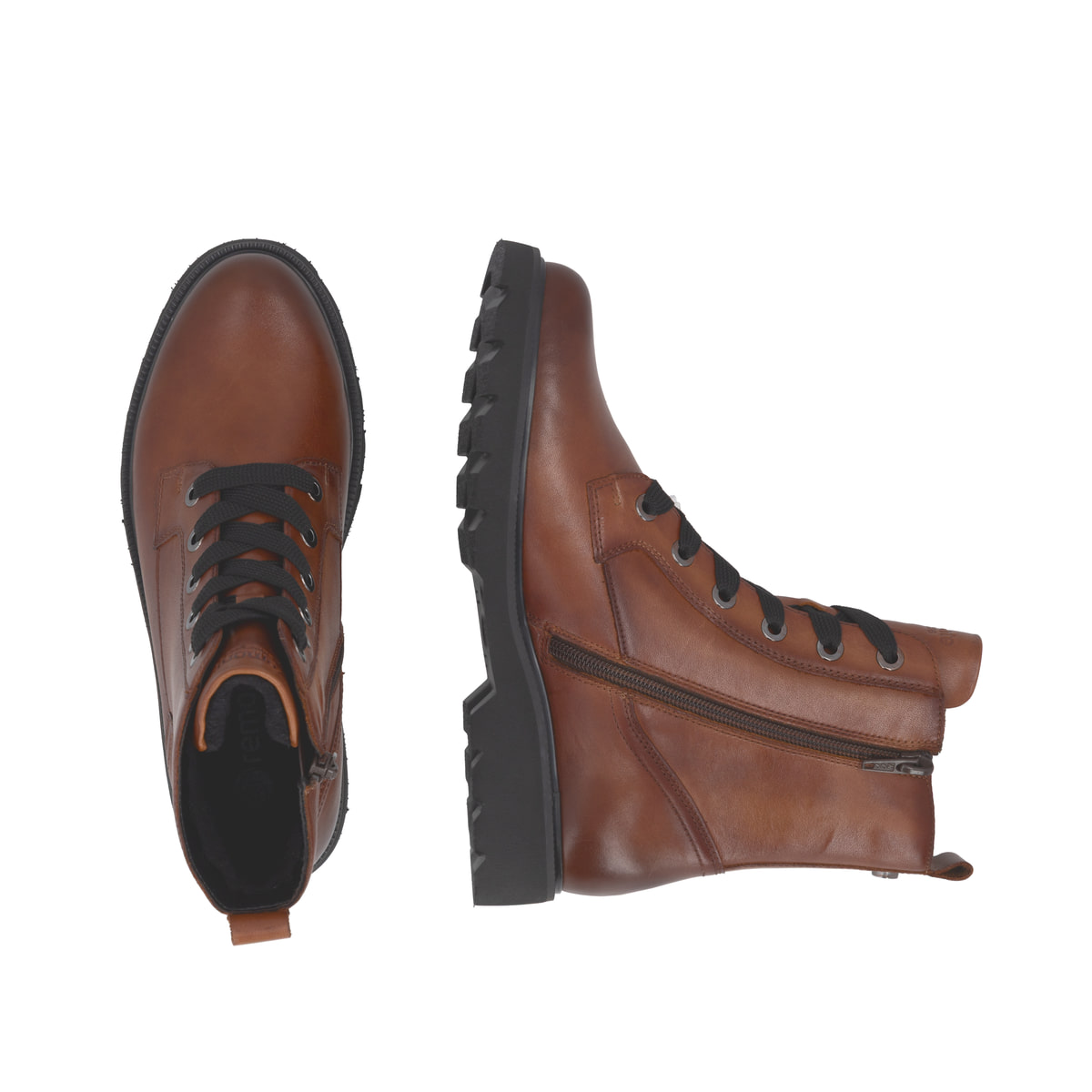 Braune remonte Damen Schnürstiefel D3S71-24 mit einem Reißverschluss. Schuh von oben, liegend.