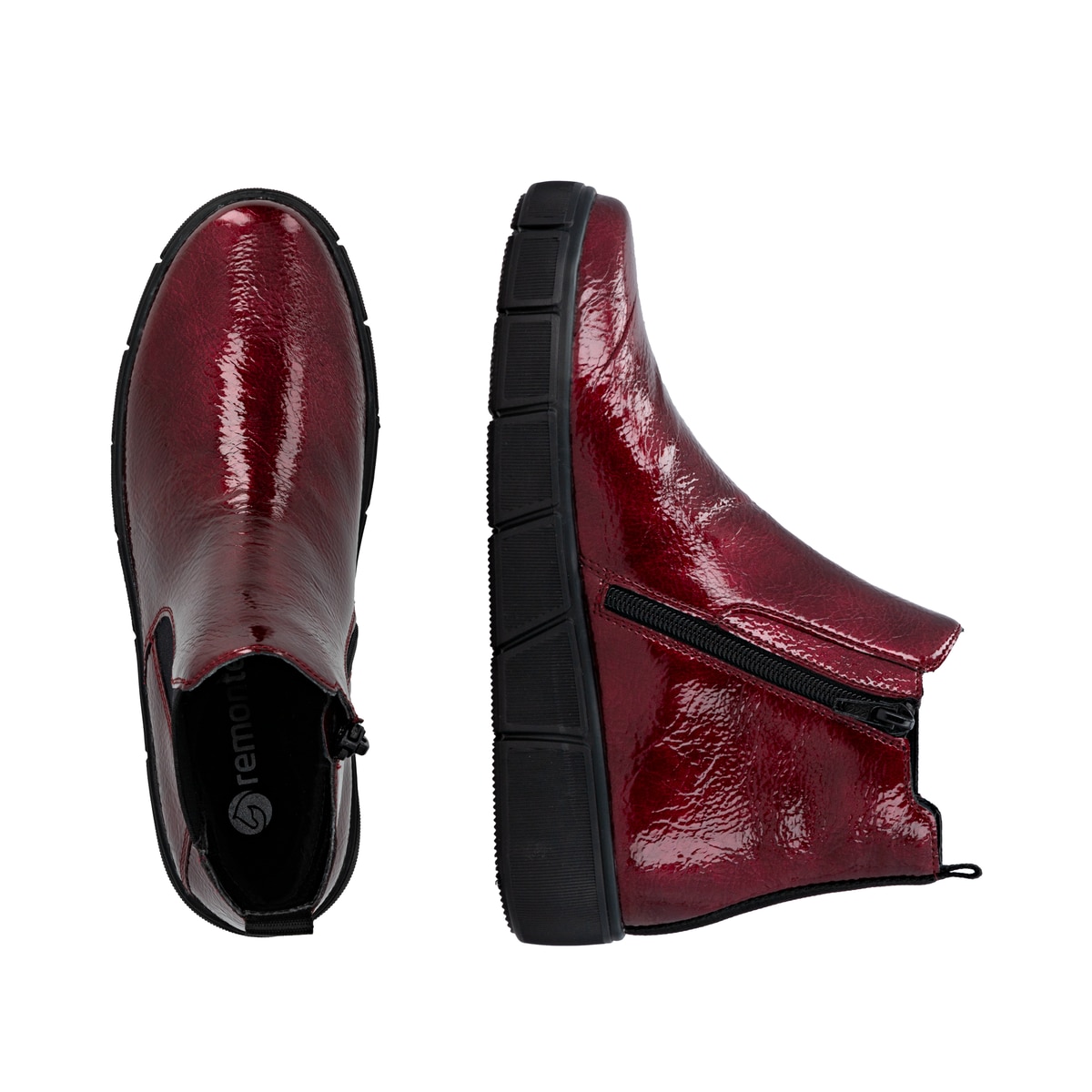 Rotschwarze vegane remonte Chelsea Boots D1T71-33 mit einem Reißverschluss. Schuh von oben, liegend.