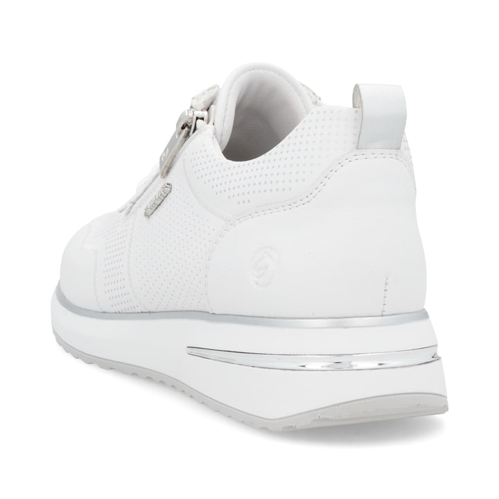 Weiße remonte Damen Sneaker Low D1G09-80 mit einem Reißverschluss. Schuh von hinten.