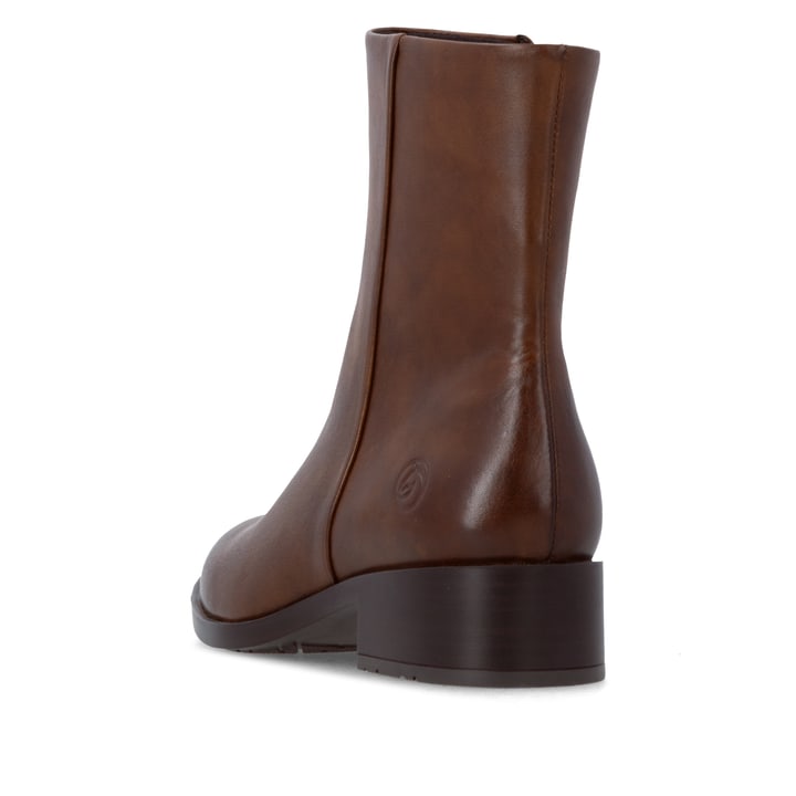 Braune remonte Damen Stiefeletten D3U73-22 mit einem Reißverschluss. Schuh von hinten.