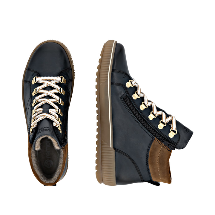 Blaue remonte Damen Schnürstiefel D0781-14 mit wasserabweisender TEX-Membran. Schuh von oben, liegend.