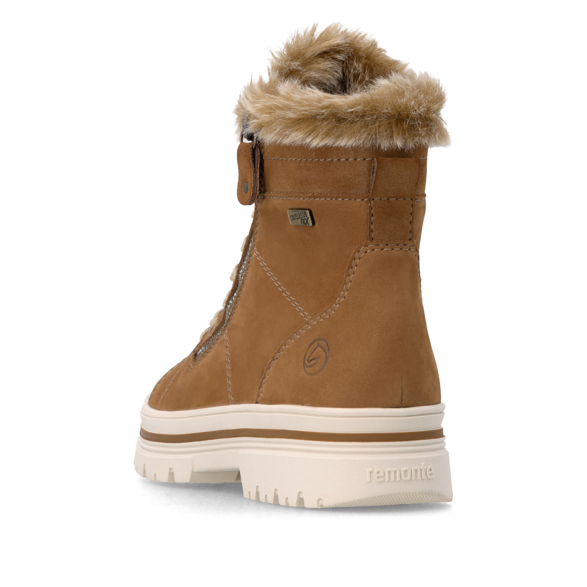 Cognacfarbene remonte Damen Schnürstiefel D2U73-22. Schuh von hinten.