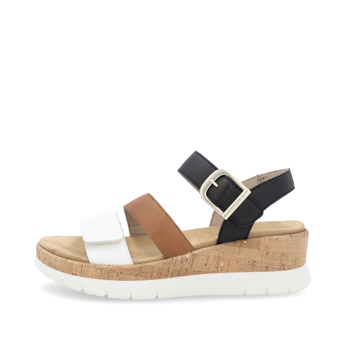 Schwarze remonte Keilsandaletten D2P50-03 mit einem Klettverschluss. Schuh Außenseite.