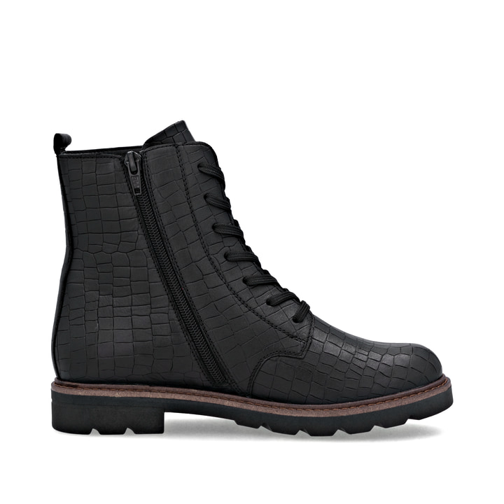 Schwarze remonte Damen Schnürstiefel D2Q71-02 mit einem Reißverschluss. Schuh Innenseite.