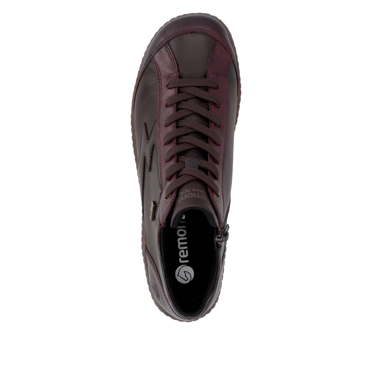 Bordeaux-dunkelbraune remonte Damen Schnürstiefel R1454-27. Schuh von oben.