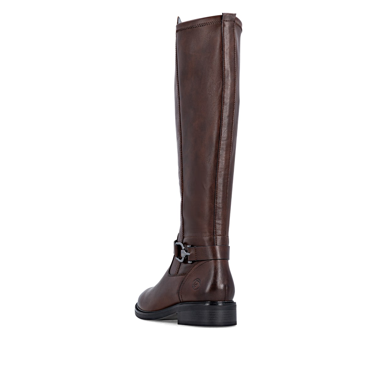 Dunkelbraune remonte Hochschaftstiefel D2W77-25 mit einem Reißverschluss. Schuh von hinten.