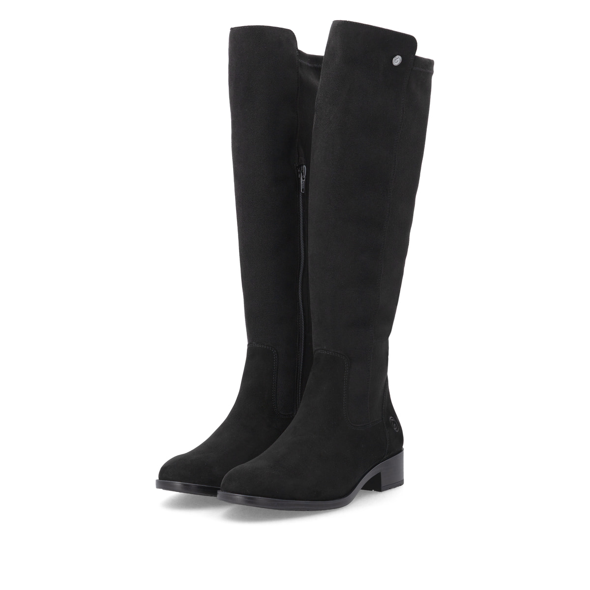 Bottes cuissardes remonte noires femmes D3U70-00 avec fermeture éclair. Chaussures inclinées sur le côté.