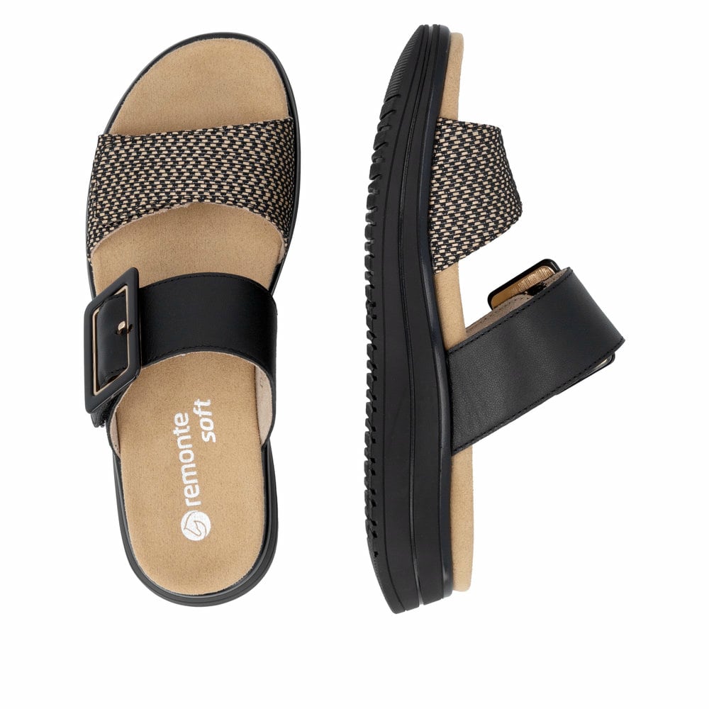 Schwarze remonte Damen Pantoletten D1J61-03 mit trendiger Schnalle. Schuh von oben, liegend.