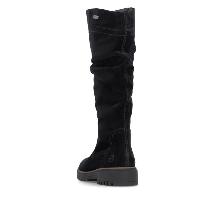 Schwarze remonte Hochschaftstiefel D3W71-02 mit wasserabweisender TEX-Membran. Schuh von hinten.