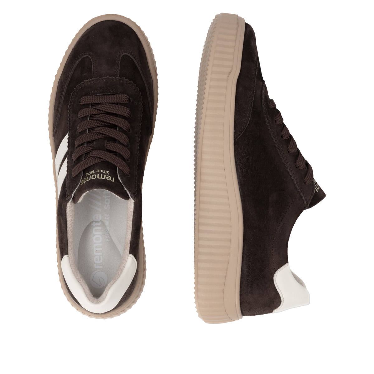 Dunkelbraune remonte Damen Sneaker D3E00-25 mit lightsole+ sowie einer Schnürung. Schuh von oben, liegend.