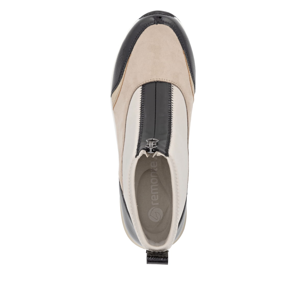 Beige remonte Damen Kurzstiefel D0T78-60 mit Reißverschluss sowie Extraweite H. Schuh von oben.