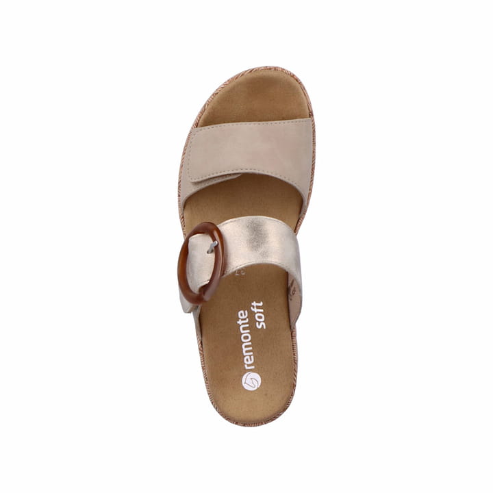 Beige remonte Damen Pantoletten R6858-60 mit einem Klettverschluss. Schuh von oben.