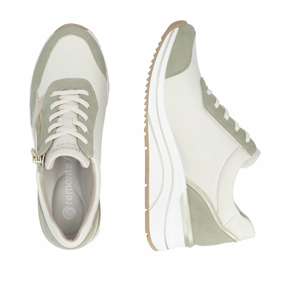 Grünweiße vegane remonte Damen Sneaker D0T01-82 mit einem Reißverschluss. Schuh von oben, liegend.