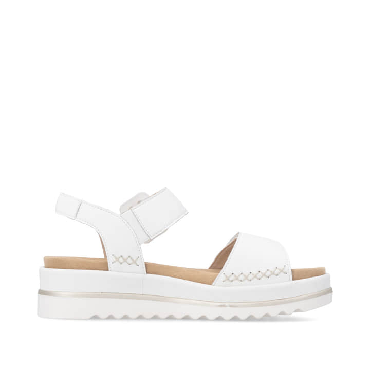 Weiße remonte Riemchensandalen D3P53-80 mit trendiger Schnalle. Schuh Außenseite.
