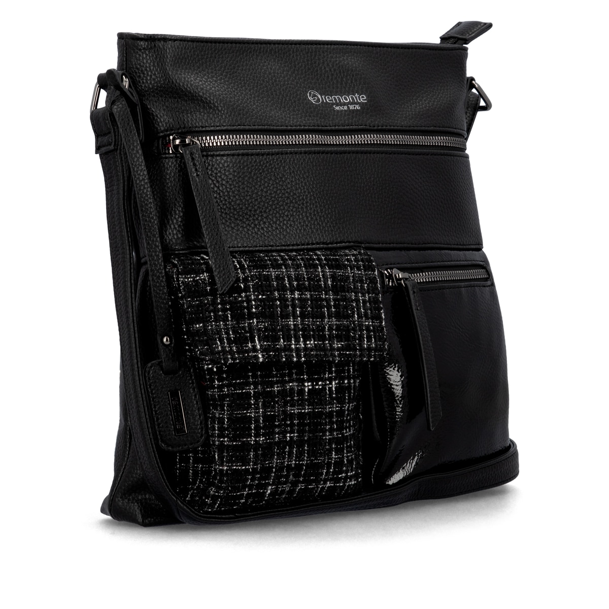 Sac bandoulière remonte Q0729-01 en noir avec des bretelles ajustables et deux poches extérieures. Côté gauche.