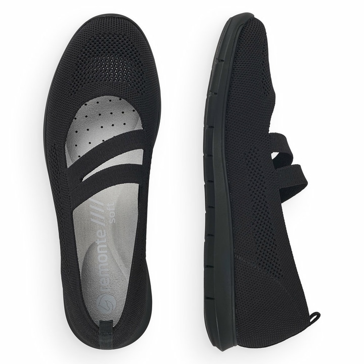 Schwarze remonte Ballerinas R7102-01 mit einem Gummizug sowie der Komfortweite G. Schuh von oben, liegend.