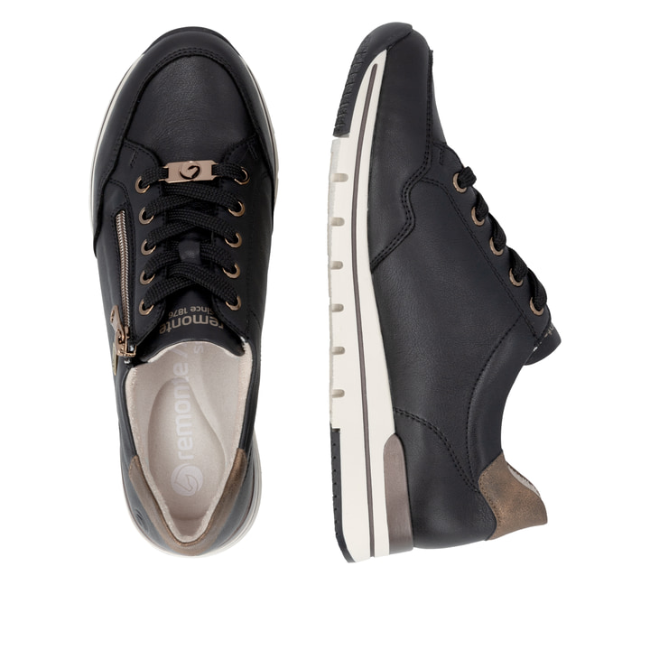 Schwarz-bronzene remonte Damen Sneaker R6716-03. Schuh von oben, liegend.