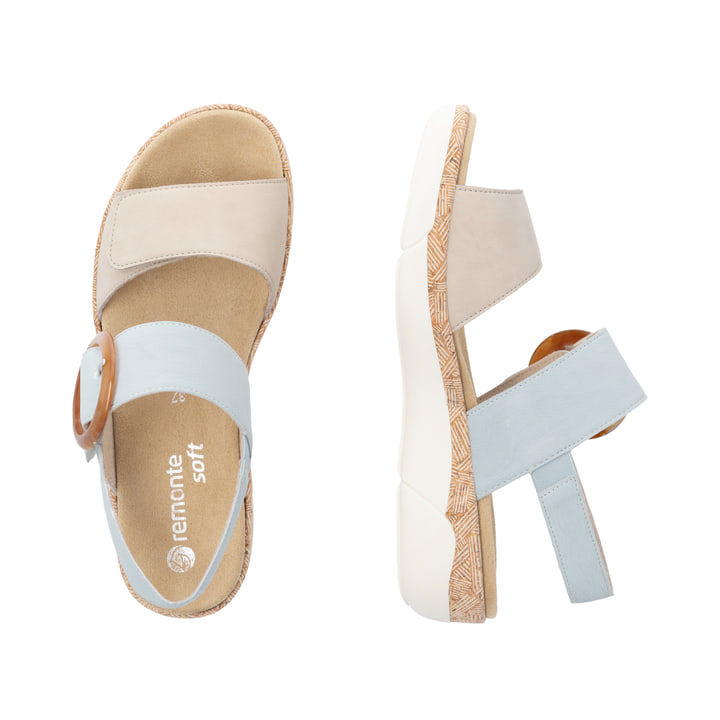 Blaue remonte Riemchensandalen R6853-12 mit einem Klettverschluss. Schuh von oben, liegend.