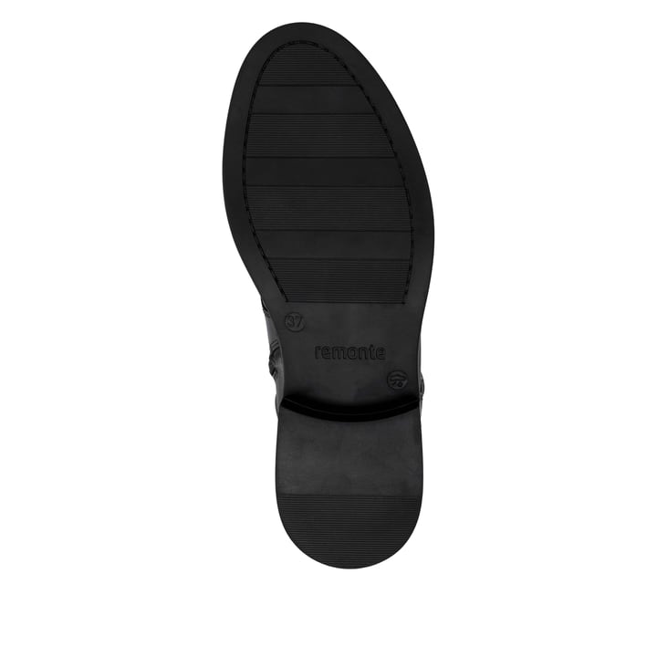Schwarze remonte Hochschaftstiefel D2W71-00 mit Deko-Schnalle. Schuh Laufsohle.
