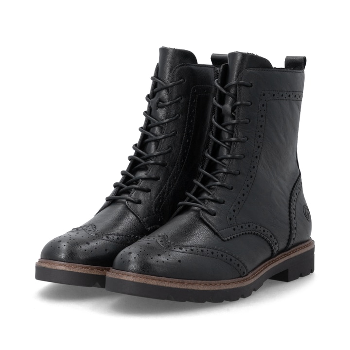 Schwarze remonte Damen Schnürstiefel D2Q73-00 mit einem Reißverschluss. Schuhpaar seitlich schräg.