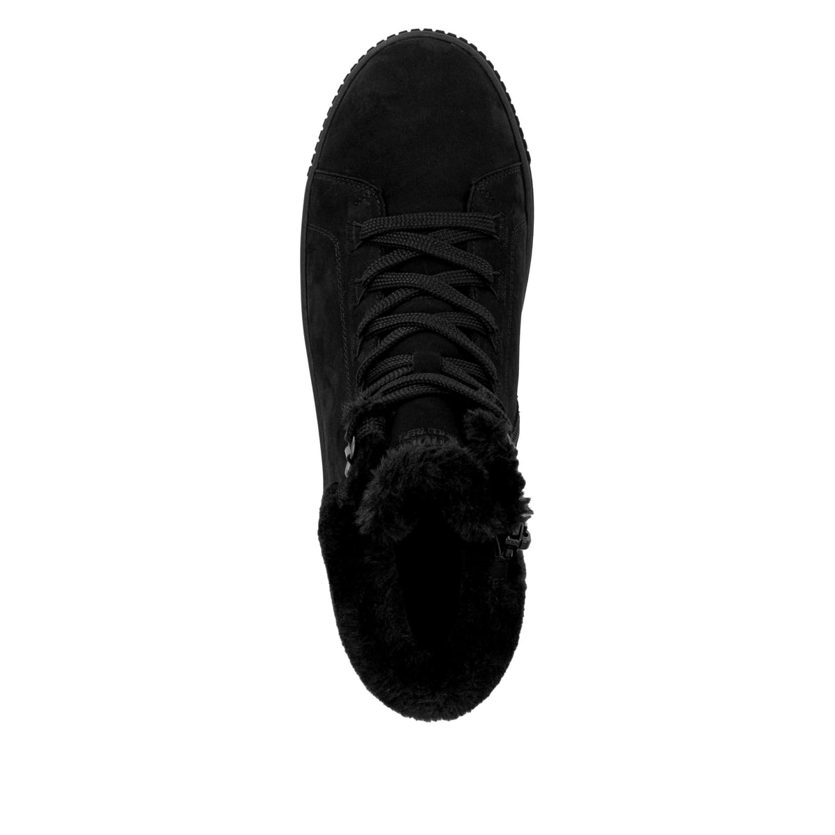 Schwarze remonte Damen Kurzstiefel D3B72-03 mit wasserabweisender TEX-Membran. Schuh von oben.