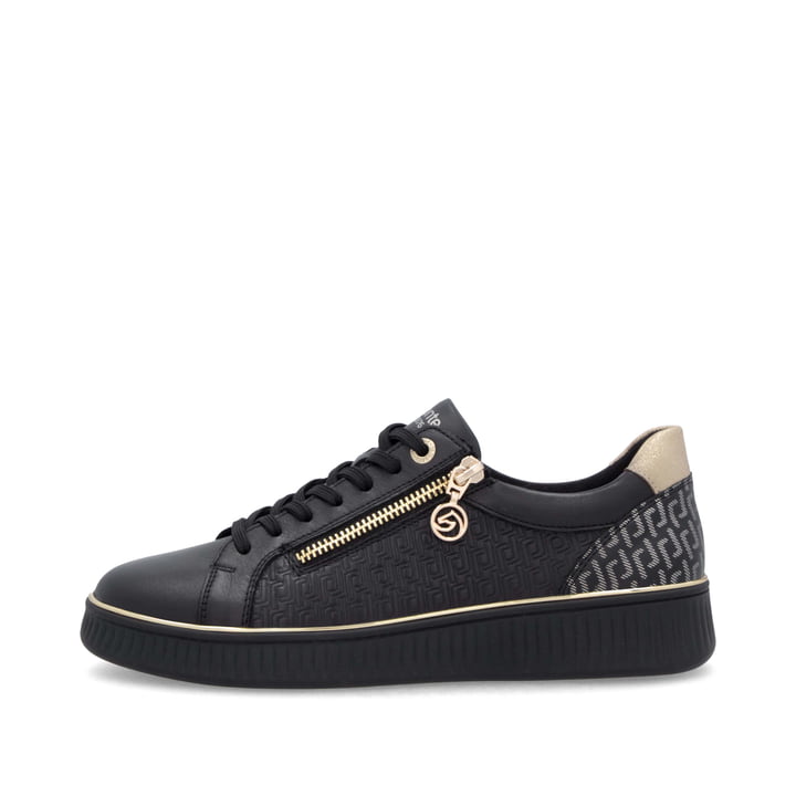 Baskets basses remonte noires pour femme D2E00-03 avec fermeture éclair. Côté extérieur de la chaussure.